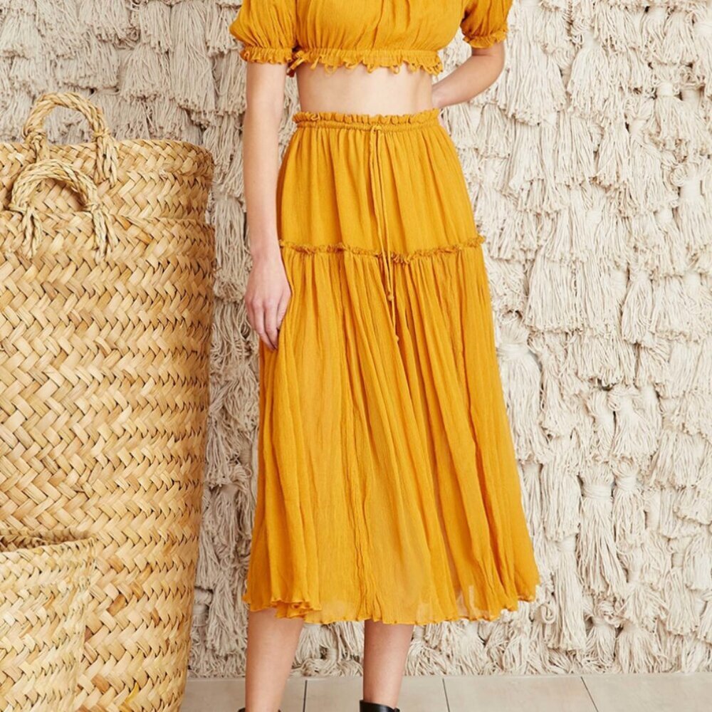 APIECE APART 100% SILK GOLDEN YELLOW BOHO MIDI SKIRT SZ 0 - XS